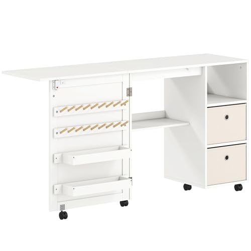Homcom Mesa De Costura Plegable Con 6 Ruedas, Mueble Para Máquina De Coser Con 18 Clavijas Para Hilos, 2 Cajones De Tela, 3 Compartimentos, Tomas Corriente Armario De Costura Para Estudio Salón Blanco