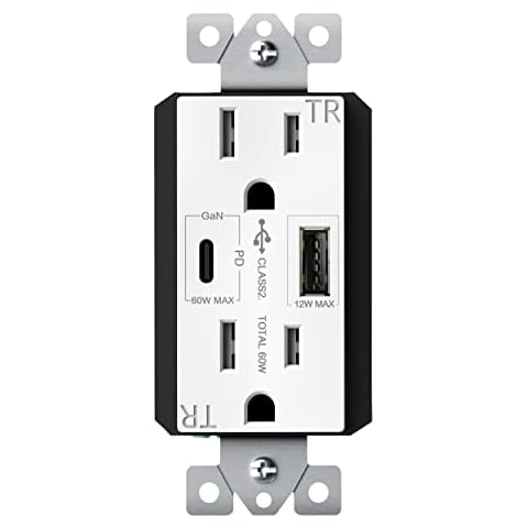 TOPGREENER GaN PD USB Type C Wall Outlet Up to 65W 𝐏𝐨𝐰𝐞𝐫 𝐃𝐞𝐥𝐢𝐯𝐞𝐫𝐲,15A Duplex Tamper-Resistant Receptacles, Ultra-Speed USB Outlet for Laptops, Tablets, Smartphones, TU215PD60AC-W, White Cover