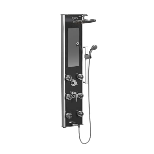 PULSE ShowerSpas 1022-B Leilani ShowerSpa Panel with 8" Rain Showerhead, 6 Dual-Function Body Spray Jets, 5-Function Hand Shower, Slide Bar, Mirror and Tub Spout, Black Tempered Glass with Anodized Frame and Chrome Fixtures