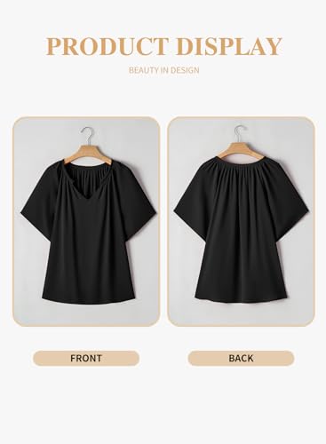 Eytino Womens Plus Size Tops Loose V Neck Bell Short Sleeve Casual Chiffon Blouses Pleated Flowy Shirts(1X-5X)4