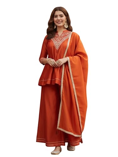Image of MOKOSH Women's Silk Embroidery Kurta Sharara with Dupatta | Kurta Set | Embroidered |Indian Kurta Outfit with Sharara | 3 Piece Outfit |Straight Ethnic Suit 4 Colour Options Available