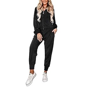 Ekouaer-Womens-Velour-Sweatsuits-Set-Stand-Collar-2-Piece-Sweatshirt-Sweatpants-Full-Zip-Tracksuits-with-Pocket Ekouaer Women's Velour Joggers Sets Fleece Sportswear Full Zip Sweatshirts and Sweatpants Black M