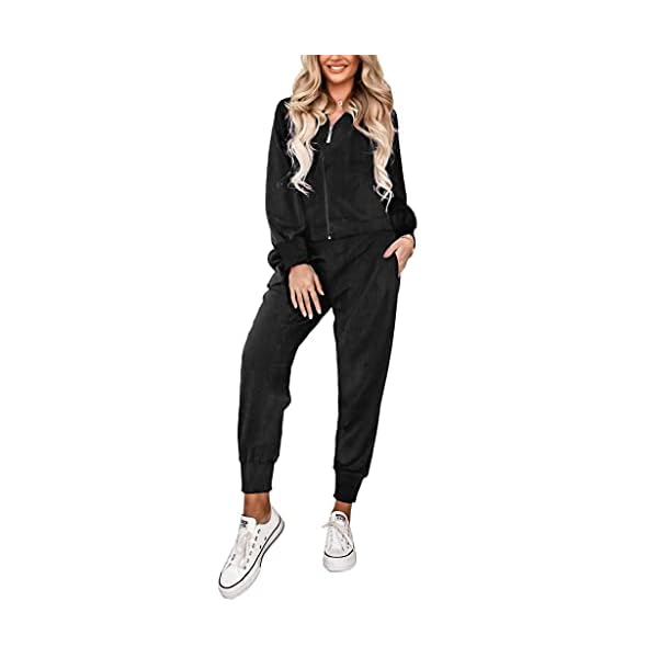 Ekouaer Women's Velour Joggers Sets Fleece Sportswear Full Zip Sweatshirts and Sweatpants Black M