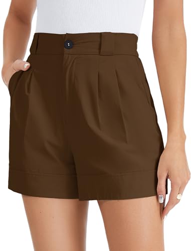 LUXEBOLD Womens Dress Shorts for Women Casual Elastic Waist Wide Leg Tailored Shorts Pleated Dressy Work Shorts with Pockets Brown 2XL