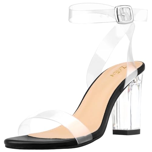 Image of ZriEy Clear Block Sandals Chunky Heels for Women 3.35 Inch Open Toe Adjustable Ankle Strap Pump Sandals for Weddings Parties Daily Wear