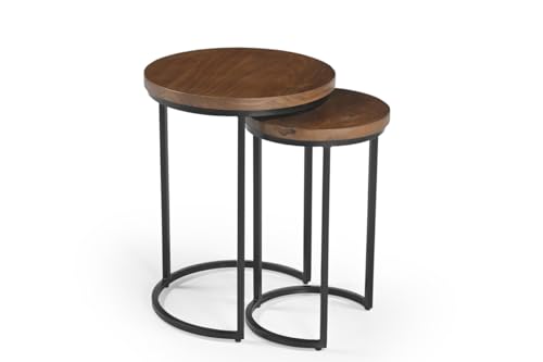 Image of INTERNATIONAL FURNITURE & IRON Nest of 2 Table, Metal Black, Acacia Wood Natural Finish Top, Big 40 X 40 X 53Cm, Small 30 X 30 X 48Cm