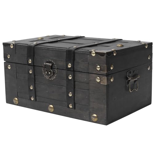 DECOR4SEASON Vintage Wooden Treasure Chest (11' x 7.1' x 5.5') - Decorative Pirate Box with Sturdy Hinged Lid - Antique Style Storage Trunk for Classroom, Keepsakes, & Party Props, Black