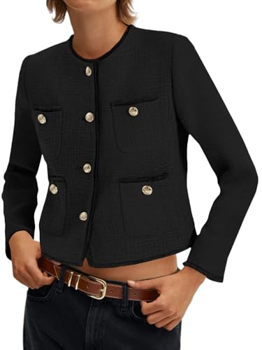 Cicy Bell Cropped Tweed Blazer for Women Collarless Button