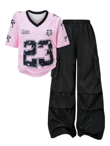 RoseSeek Conjunto de 2 peças para meninas com estampa de camisa de jérsei de manga curta e calça car