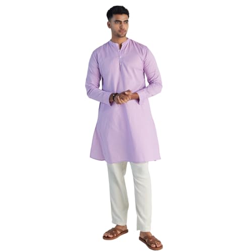 Image of SAADAA Men's Long Kurta - Linen Cotton Blend, Airy Fabric, Regular Fit, Mandarin Collar, Solid Color - Casual, Festive & Ethnic Wear