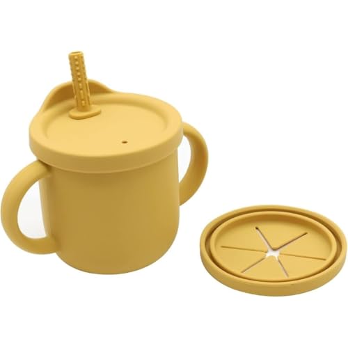 Momgla シリコン スナックカップ ハンドル付き ストロー付き 2in1 スナックケース お菓子入れ お菓子ケース ベビー食器 おやつ おやつ入れ おやつケース ベビー 北欧 幼児 ベビーギフト 出産祝い 収納 お出かけ 保存 (イエロー)