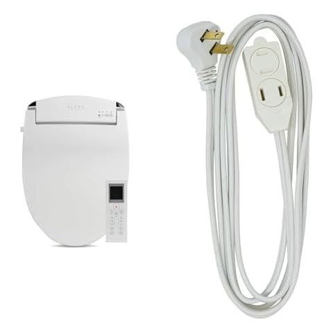 ALPHA BIDET JX2 Elongated Bidet Toilet Seat Bundle with SlimLine 2235 3 Foot Flat Plug Extension Cord, 3 Polarized Outlets Cover
