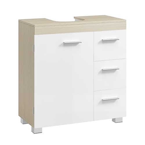 VASAGLE Mueble Bajo Lavabo, Armario de Baño, 3 Cajones, 2 Compartimentos Detrás de la Puerta, con Pies, 30 x 60 x 64 cm, Blanco Nube y Beige Natural BBK514LL01