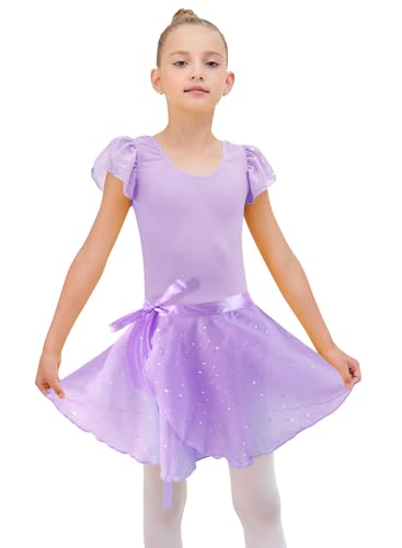 Image of EQSJIU Ballet Leotards for Girls with Removable Skirt Combo Tie Ruffle Sleeve Ballet Dance Dress Outfit 2-12 Years