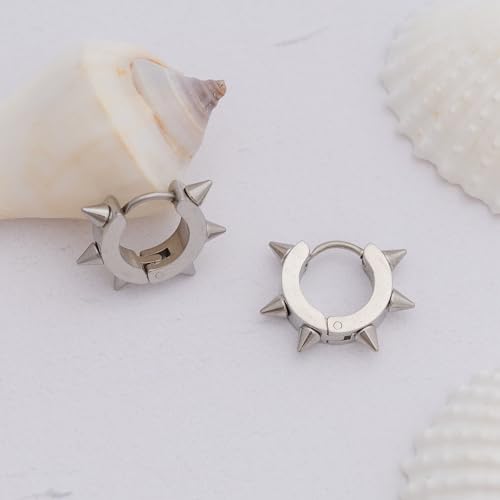LotusUS Black Spiked Huggie Earrings (Pair), Silver Spike Hoops, Unisex Stainless Steel Hoop Earrings, Gothic Black Jewelry, Women Men Hoop Earrings, Punk Huggies2