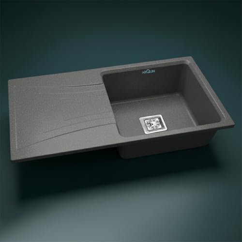 Image of ARQUIN Quartz Kitchen Sink with Drainboard 36x18x9 Inch Grey Granite sink for kitchen basin, UV Protected, Undermount | Topmount Noise Reducing