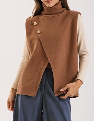 Hooever Women Turtle Neck Sleeveless Split Wrap Sweater Vest Kint Loose Pullover Tops with Metal Buttons4
