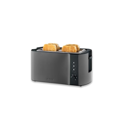 Severin Automatik-Langschlitztoaster, Toaster mit Brötchenaufsatz, hochwertiger Edelstahl Toaster mit großen Röstkammern und 1400 W Leistung, Auftau-Funktion, dark inox/schwarz, AT 9341 1