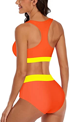 Omichic Women's High Waisted Two Piece Bikini Set Vintage Swimsuit Halter Top With Bottom Bathing Suit Sporty Swimwear #TOP2