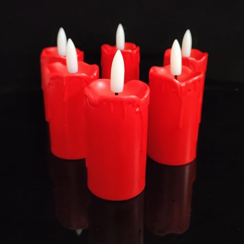 Image of 6 Pack LED Flameless Votives with Built-in Timer Realistic Black Wick Drips Battery Operated Electric Candle Set for Home Party Wedding Halloween Christmas Decorations 1.5 inch D x 3.5 inch H, Red