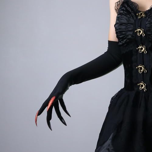 Black Gloves with Long Nails Adult Woman Halloween Handwear Witch Devil Ghost Cosplay Gloves Stretchy Breathabwomenle Elbow Length Mittens Fancy Dress Up Party Cosplay Carnival (Black+Red Nails) - Image 2