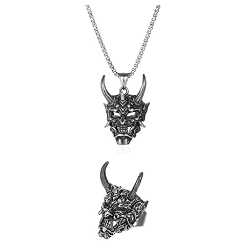 KURTCB Japanese Prajna Mask Necklace Set Halloween Hannya Oni Mask Demon Devil Ghost Necklace Rings Earrings Gothic Skull Horror Scary Jewelry Masquerade Costume (Style Silver) Cover