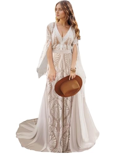 Women Simple Lace Wedding Dress V Neck Long Bell Sleeves A-Line Slit Bohemian Casual Bridal Gowns for Bride,Off White,US0