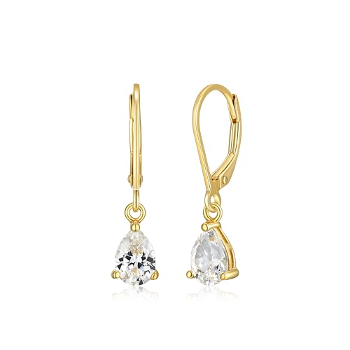 MORGAN & PAIGE .925 Sterling Silver 14K Yellow Gold Plated Pear Cut Genuine or Lab Created Birthstone Dangle Earrings for Women - Hypoallergenic Leverback Earrings for Women, Jewelry Gifts for Her - Main Image