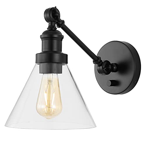 Image of JONATHAN Y 8 inch Oil Rubbed Bronze Adjustable LED Wall Sconce, Plug-in Wall Lamp with Dimmer Switch, Clear Glass Shade for Bedroom Living Room Kitchen, LED Bulb Included JYL7575A