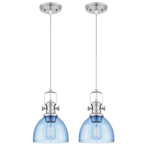 Image of 2-Pack 7.5 inch Brushed Nickel Pendant Lights, Blue Seeded Glass Shade | Farmhouse Vintage Hanging Light Fixtures for Kitchen Island Dining Room, Adjustable Hanging Height, E26 Base, 22151-1P2-SN-BL