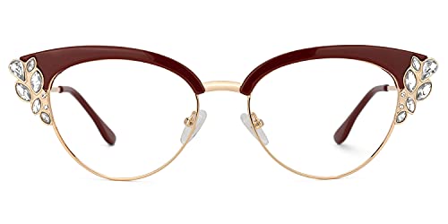 Best Quality 🔥 Zeelool Women's Trendy Rhinestone Oversized Cat Eye Blue Light Blocking Glasses Hearn VFX0060-03 Red Best Promo Zeelool Women's Trendy Rhinestone Oversized Cat Eye Blue Light Blocking Glasses Hearn VFX0060-03 Red