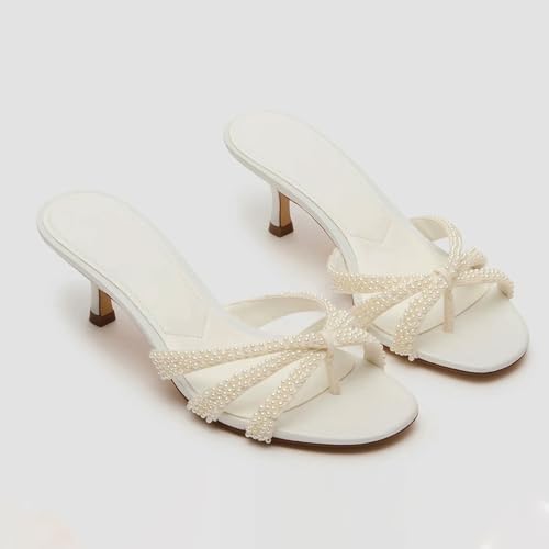 Goolita Women's Pearl Kitten Heels Flip Flops Open Round Toe Strappy Thong Slide Heeled Sandals Comfort Casual Party Mules Heels4
