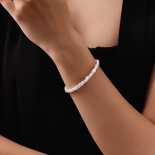 D-POW Fragment Silver Bracelet, Dainty Small Slim Simple Chain Sparkling Bracelet for Women，Heavy Craft Design, 925 Sterling Silver Jewelry3