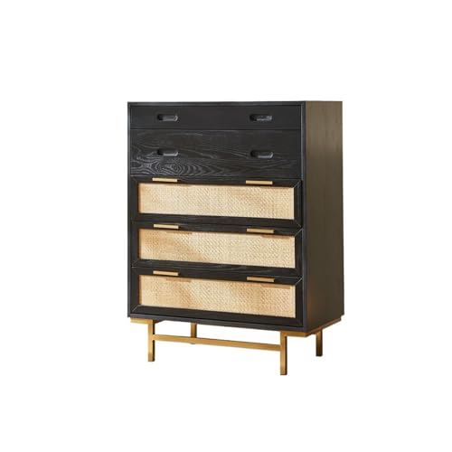 NZVCQVPU Modern Rattan Dresser Chest Freestanding Accent Storage Cabinet with Wide Drawers & Metal Handles Stylish Chest of Drawers for Bedroom & Living Room (Black)