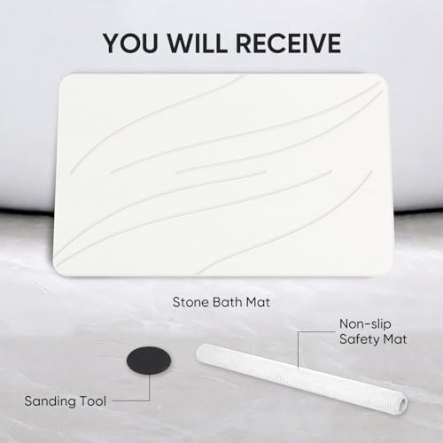 Jiloma Stone Bath Mat Diatomaceous Earth Shower Mat Non-Slip Super Absorbent Bathroom Floor Mat Quick Drying Natural Easy to Clean(24 * 16 White) — view 6