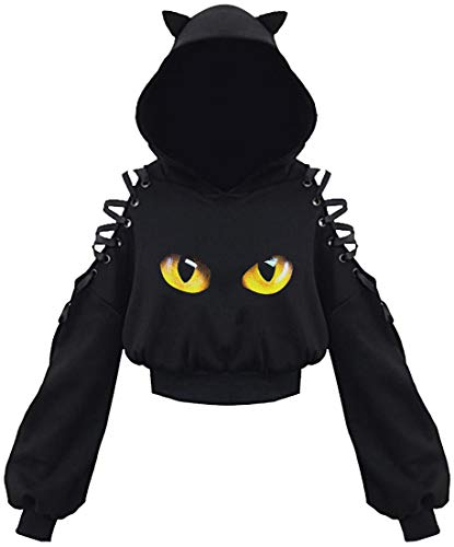 PANOZON Sudadera Corta con Capucha Orejas de Gato para Mujer Chicas Disfraz de Anime Ropa Graciosa,Ojos de Gato L