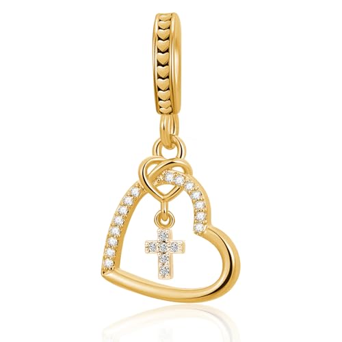 LuxglitterLin Abalorio colgante de cruz de corazón con circonita cúbica compatible con pulseras Pandora para mujer, Cobre, Sin piedra preciosa