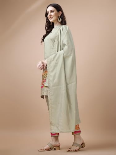 Image of Granthva Fab Women's Chanderi Silk Embroidered Straight Kurta with Palazzos and Dupatta