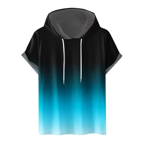 RLEHJN Mens Short Sleeve Hoodie UK Clearance Mens T Shirt with Hood Summer Lightweight Hooded Sweatshirt Pullover Digital Printed Drawstring Hoody for Outdoor Workout and Running
