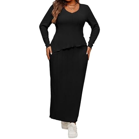 Mintsnow Plus Size Women 2 Piece Outfits Sets Dressy Fall Long Sleeve Irregularity Hem T Shirts Long Dress Set Black 3XL Cover