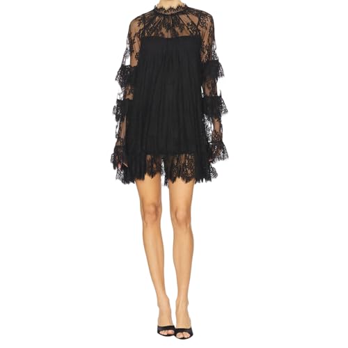 Women's Y2K Mini Dress Sexy Sheer Lace Blouse Mock Neck Tiered Ruffle Relaxed Fit Cover Up Tops (Black, L)