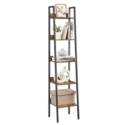 VASAGLE Ladder Shelf 5-Tier Narrow Shelf Bookshelf for Home Office Living Room Bedroom Kitchen Industrial Rustic Brown and Ink Black LLS109B01