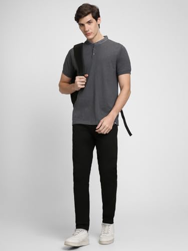 Image of Dennis Lingo Men's Cotton Grey Solid Regular Fit Mandarin Collar Short Sleeve Polo Tshirt