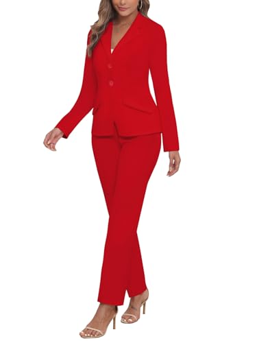 Business Pant Suits for Women Dressy Elegant Fall 2 Piece Outfit Blazer Pantsuit Sets for Work Office Red S
