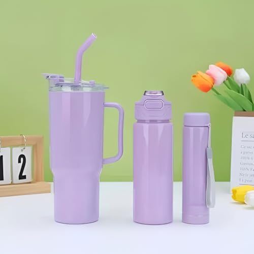 Image of Large Handle Water Bottle with Straw for Desk, Office, Travel - 1200 /900 /300 ML Gradient & Matte Hydration Bottle Set (Lavender)