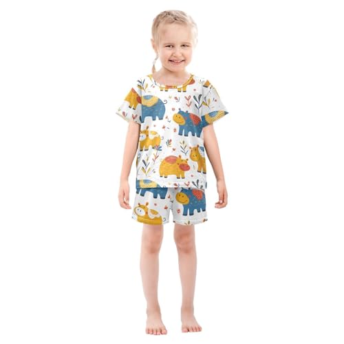 ALAZA Funny Hippo Leaves Pajamas Short Sleeve 2 Piece Sleepwear Top and Bottom Pajama Set Unisex3