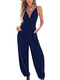 CUPSHE Women's Romper Woven Plunging V Neck Cami Straps Smocked Tapered Leg Jumpsuit Outfit Coverup Casual Dressy Navy M