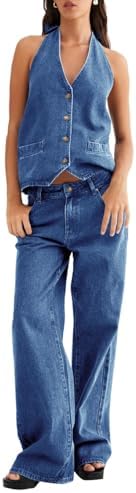 Fisoew Women's Two Piece Denim Set Button Down Backless Tank Top ...