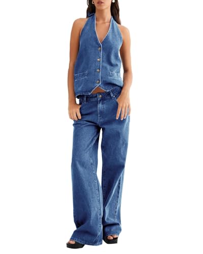 Fisoew Women's Two Piece Denim Set Button Down Backless Tank Top and Wide Leg Jeans 2 Piece Outfit Suits