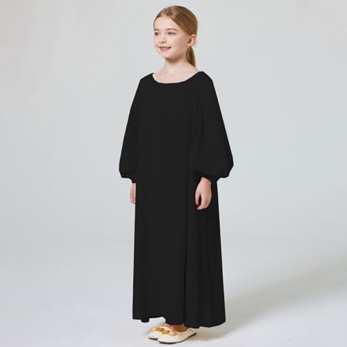 Girls Dresses Elastic Sleeve Pure Color Kebaya Abaya Robe Dress for Middle Eastern Style Modest Loose Fit Long Dress2